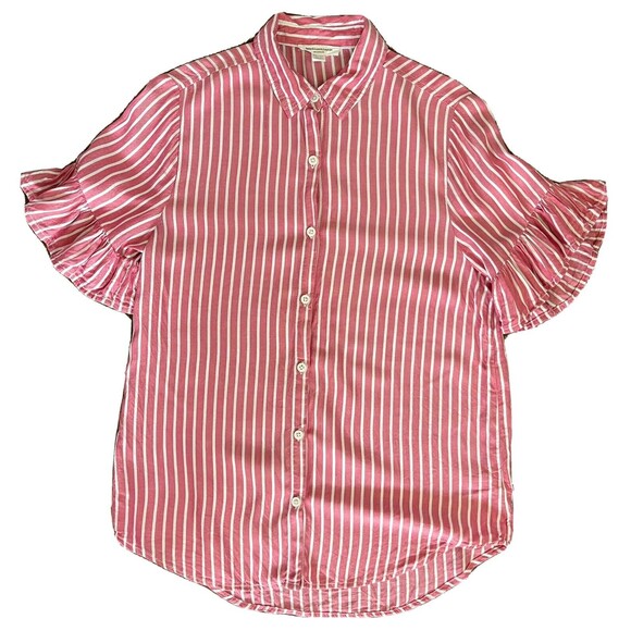 BeachLunchLounge Salmon/Pink Striped Button Down Collared Flared Sleeve Shirt XS - Picture 1 of 12